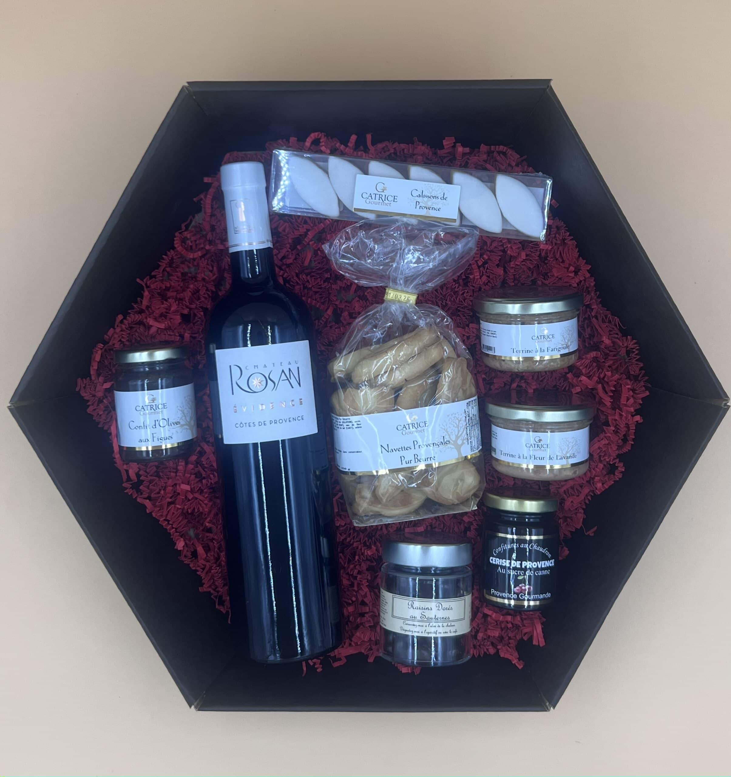 Coffret gourmand Loucadeo avec vin rouge de Provence, navettes, terrines et confitures artisanales
